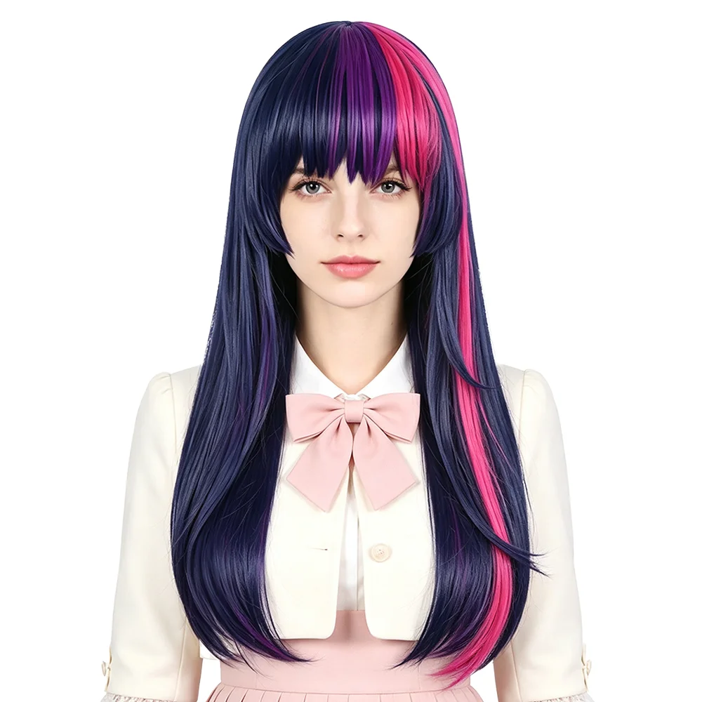 65cm Long Straight Cosplay Wig Hime Cut Bangs Heat Resistant Synthetic Hair For Women Anime Halloween Party Costume Daily Wear