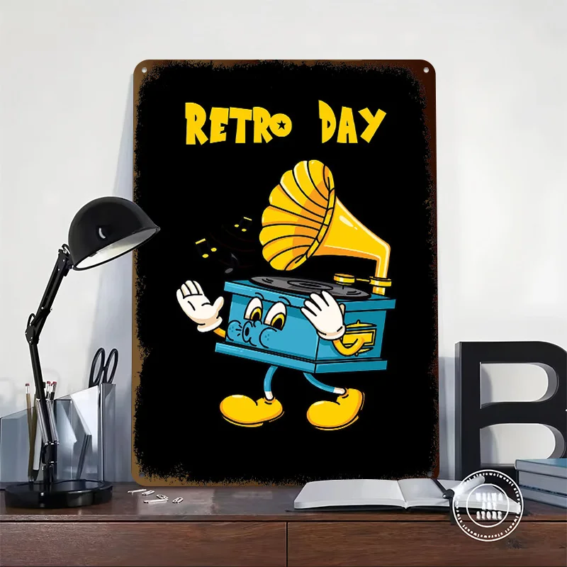 Retro Day Cartoon Gramophone Printing Poster Customized Retro Wall Art Vintage Metal Signs for Gamer Room Decoration At Home