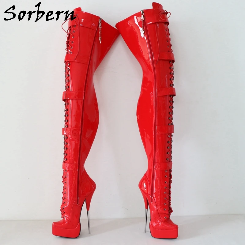 Sorbern Sexy Ballet Boots donna chiusura a chiave cerniera cavallo piattaforma tacco alto in metallo stivale lungo Lace Up Fetish Drag Queen scarpa