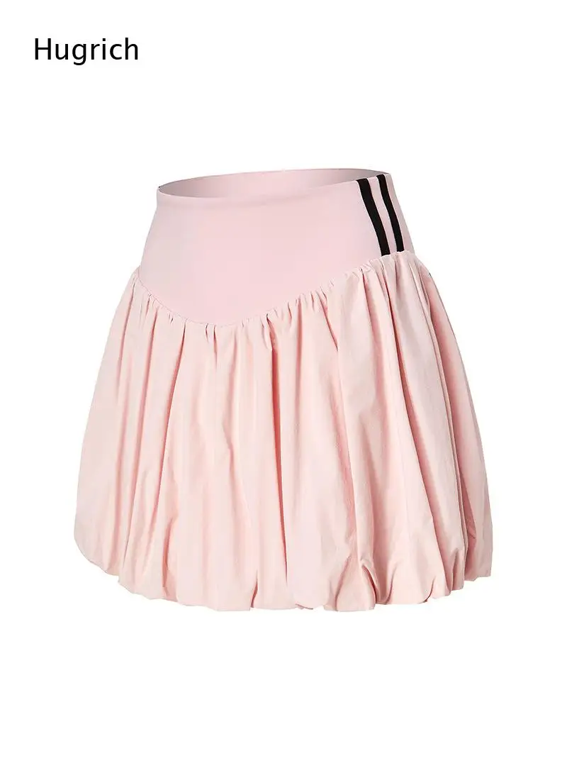 Solid Pink High Waist Pleated Mini Skirt Side Double Black Stripe Detail Bubble Hem Loose Athletic Tennis Skirt For Women