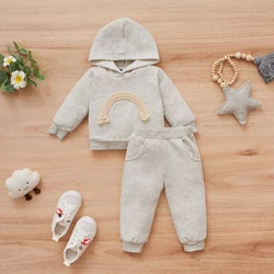 2PCS Autumn Boys Aged 0-3 Are Fashionable And Handsome Wool Dragline Embroidered Rainbow Hooded Top + Solid Color Pants Set