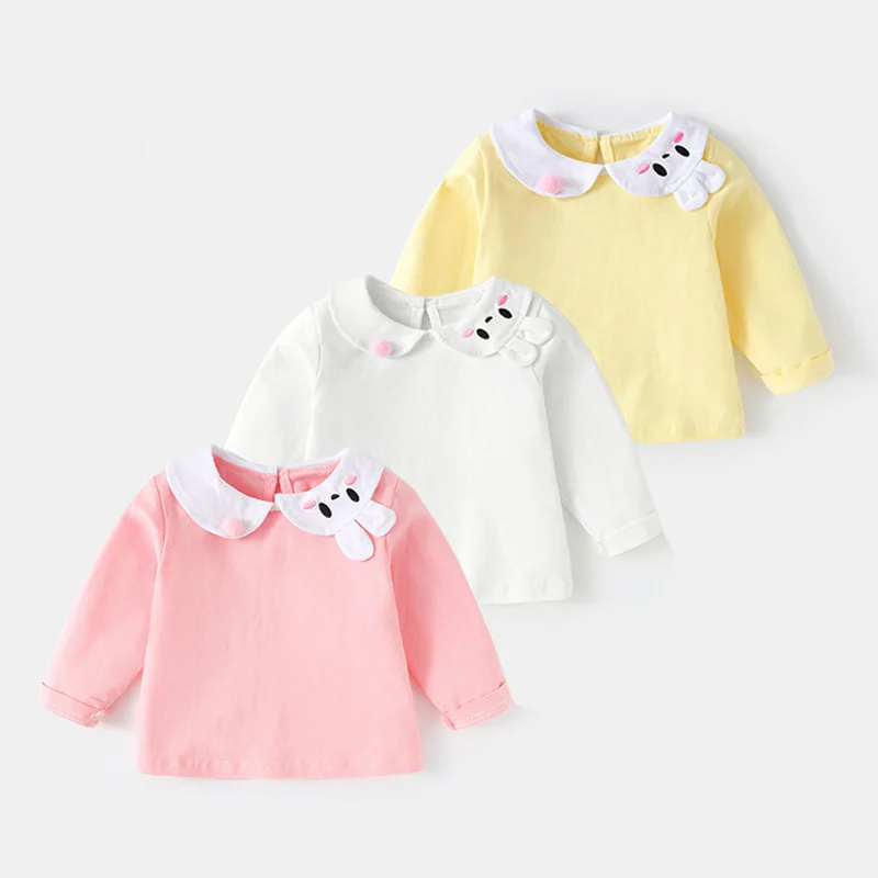 

Autumn Baby Girl Undershirt Rabbit Peter Pan Collar Cotton Infant Girl T-shirts Solid Long Sleeve Casual Toddler Kids Girls Tees