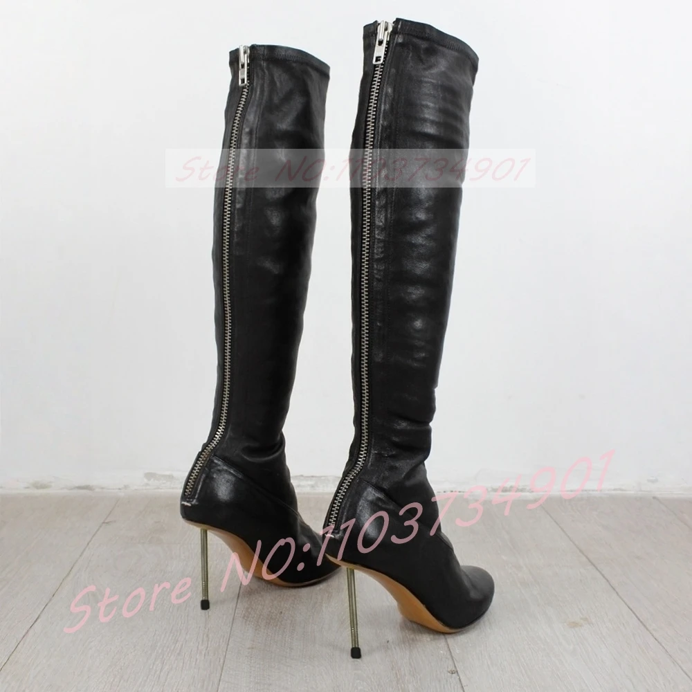 

Slim Back-Zipper Metal Heels Boots Women Leggy Black Smooth Leather Round Toe Knee High Boots Female Sexy Punk High Heels Boots