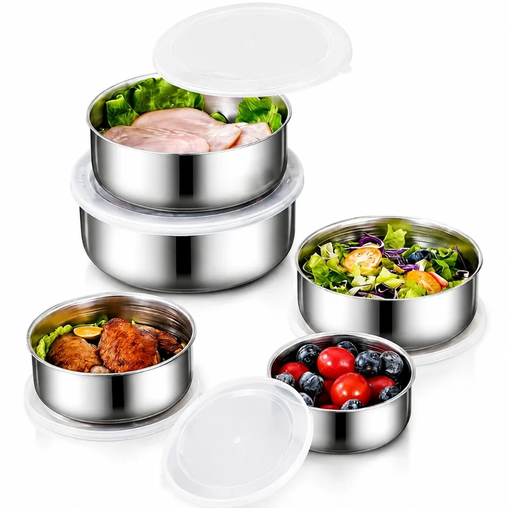 10Pcs Stainless Steel Food Storage Container Set (5 Boxes + 5 Lids) Round Bowl Air Fryer Liner Cutter Kitchen Accessories Tool