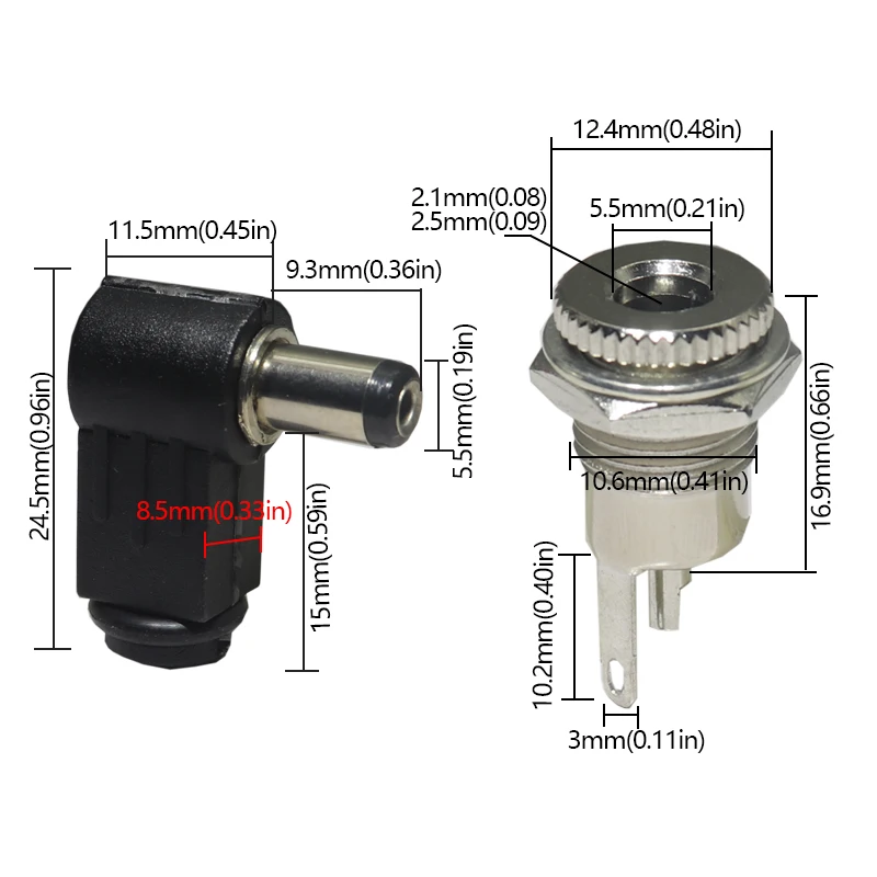 【10PCS】 DC12V 5.5 x 2.1mm Plastic Male Plugs 5.5*2.5mm DC Power Socket Female Jack Screw Nut Panel Mount Connector
