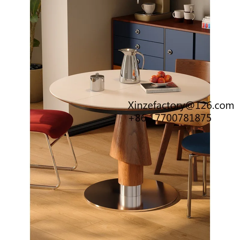 Factory Direct 2026 Top Rated Travertine Retractable Round Solid Wood Slate Dining Table and Chair Living Room Dual-purpose Fold