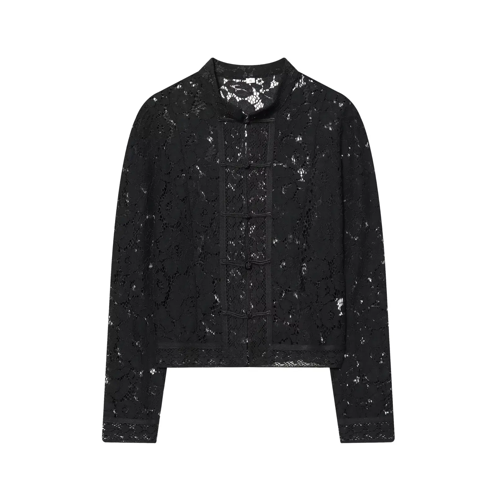 Damska koronkowa bluzka NINE ZAR z stójką, długim rękawem, podkreślająca talię, zapinana na guziki, idealna do pracy, dopasowany krój, modna.