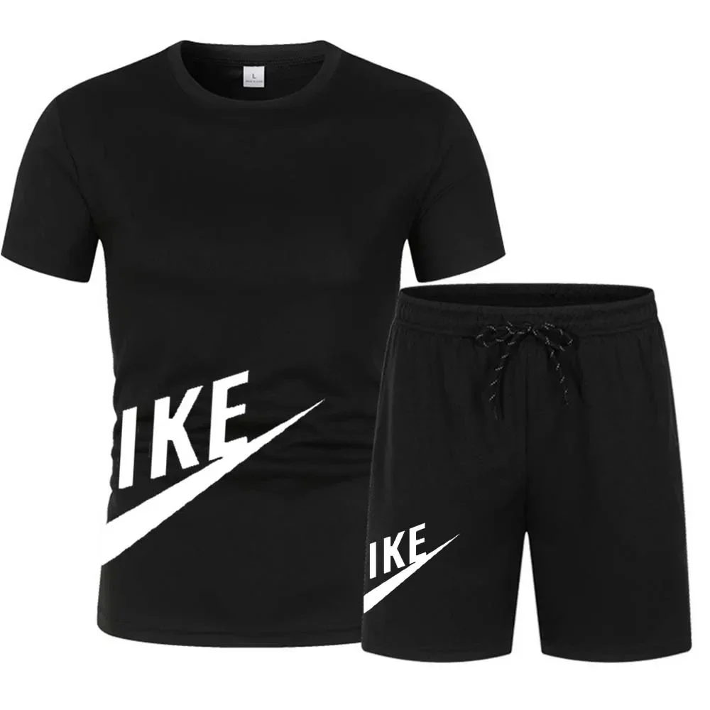 Letni męski zestaw odzieży sportowej z nadrukiem na co dzień, siateczkowy, oddychający T-shirt z krótkim rękawem + spodenki do joggingu 2-częściowe