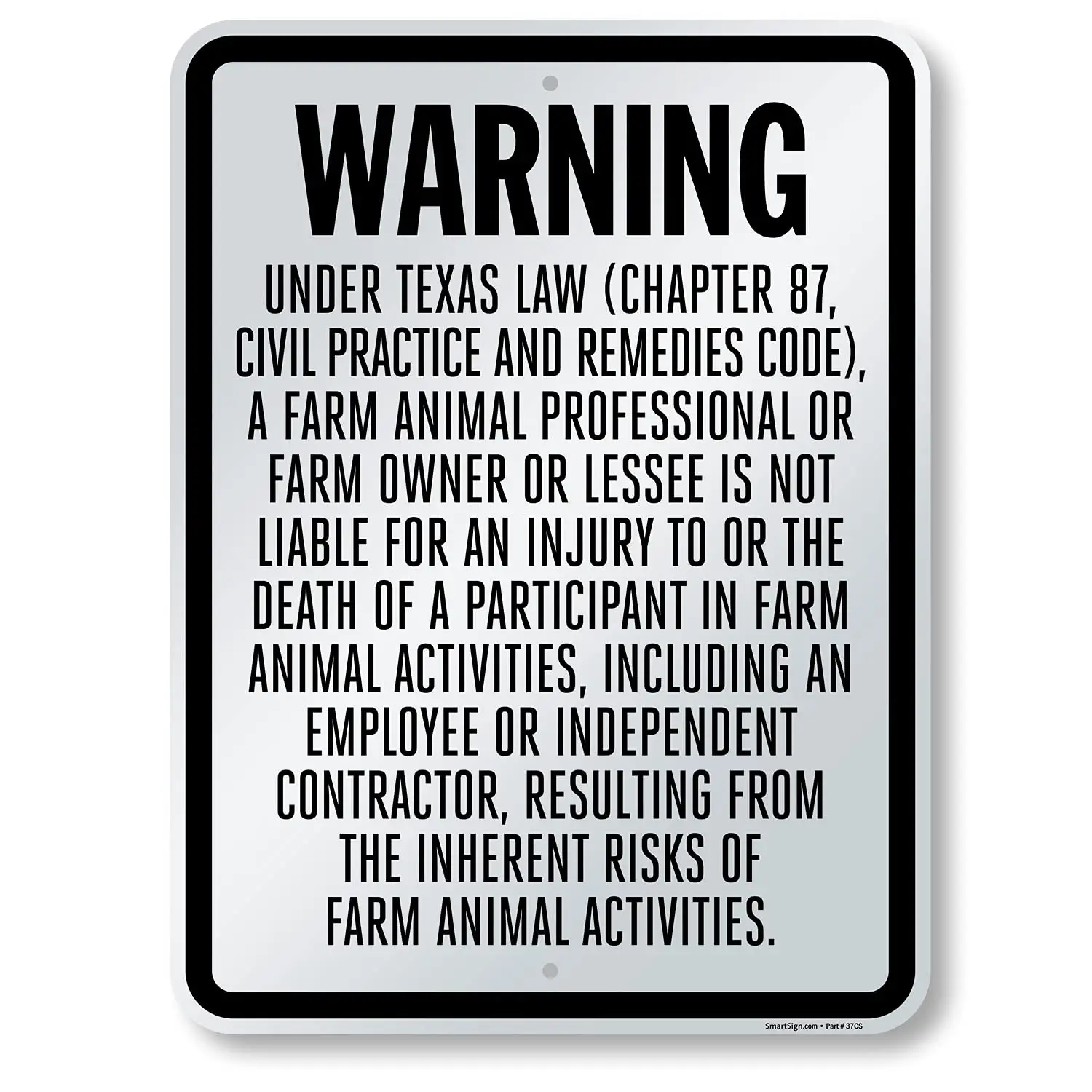1p,SmartSign 24 x 18 inch “Warning - Chapter 87, Farm Animal Professional Not Liable For Injury Of Participant…” Texas Farm Liab