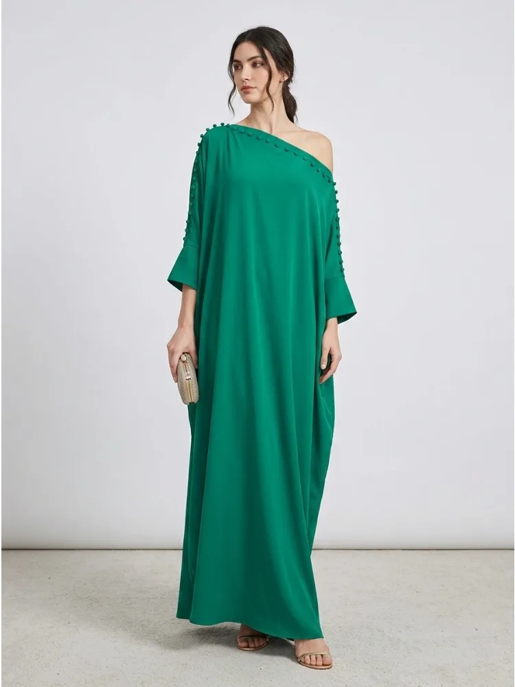 Onecozyday Women's Solid Color Off Shoulder Long Sleeve Maxi Dress 2026 Elegant Loose Formal Evening Party Abaya Gowns