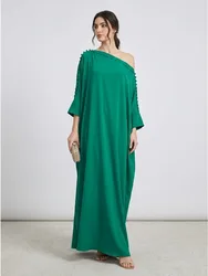Onecozyday Women's Solid Color Off Shoulder Long Sleeve Maxi Dress 2026 Elegant Loose Formal Evening Party Abaya Gowns