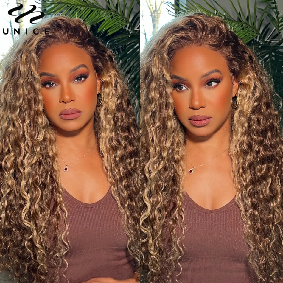 Unice Hair TL412 Highlight Water Wave 13X4 Lace Frontal Wig Human Hair Wear Go Lace Wig Pre Cut Pre Bleached Peel & Stick Wig