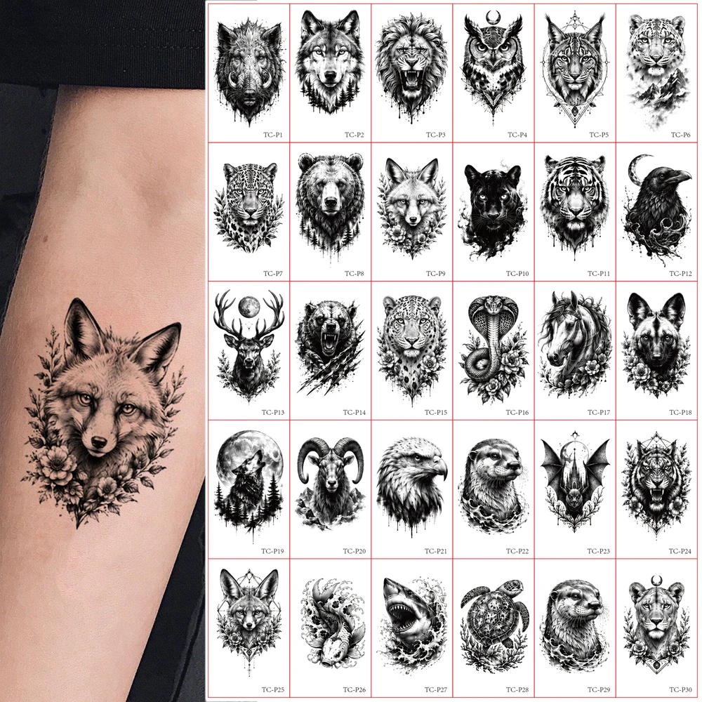 30pcs Small Animal Tattoo Stickers Waterproof Wolf Lion Tiger Temporary Tattoos Men's Hand Tattoo Fake Tattoo for Women