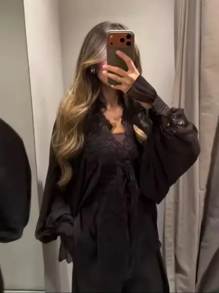 Trendy See Through Blouse Lace Loose Elegant Retro Women Tops Night Out Casual Date Daily Female Streetwear