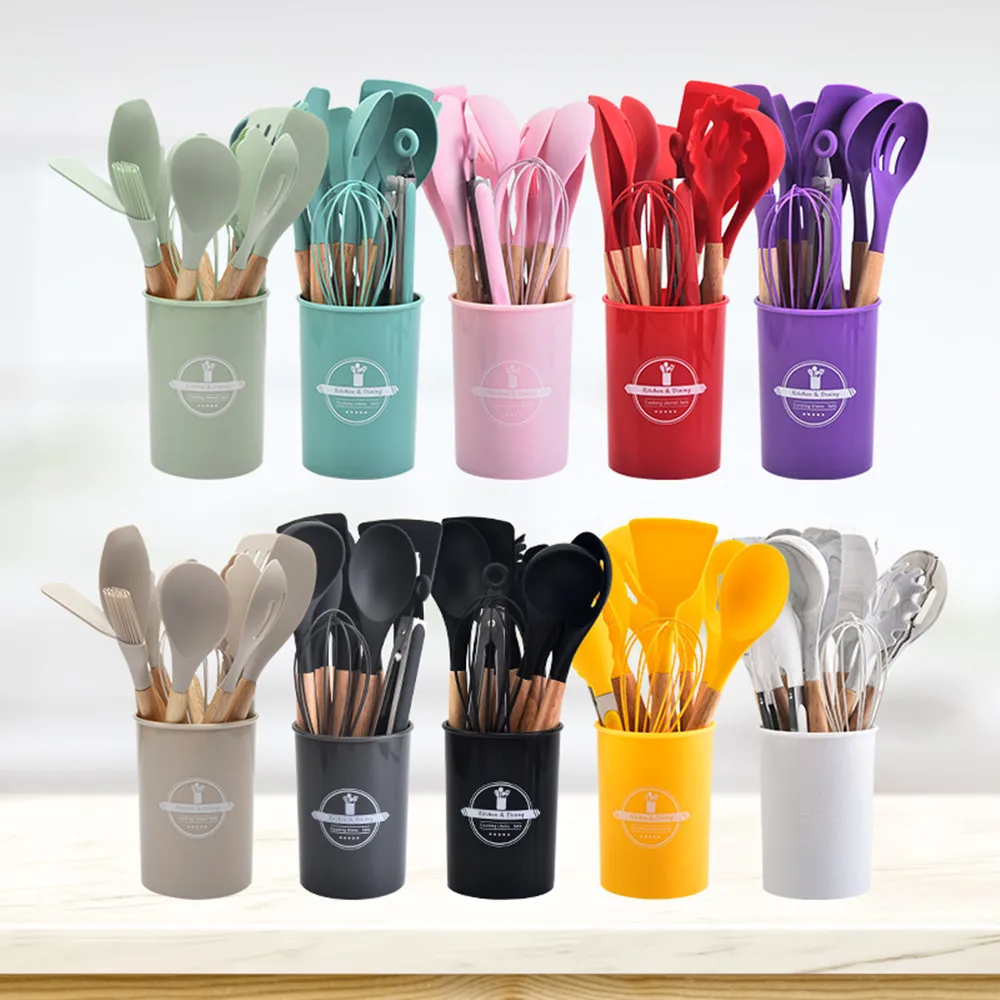 

6 Colors 12pcs Wooden Handle Silicone Kitchen Utensils Set Non Stick Pots for Cooking Set All for Kitchen and Home Accessories