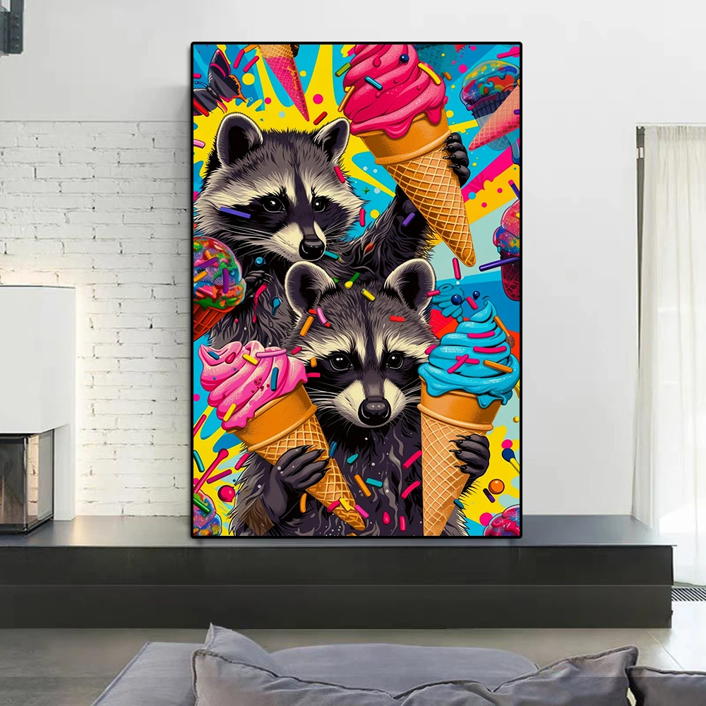 1pc frameless Canvas Painting Fashion Cute Koala Graffiti Canvas Painting Funny Raccoon Eating Ice Cream Poster Print Animal Por