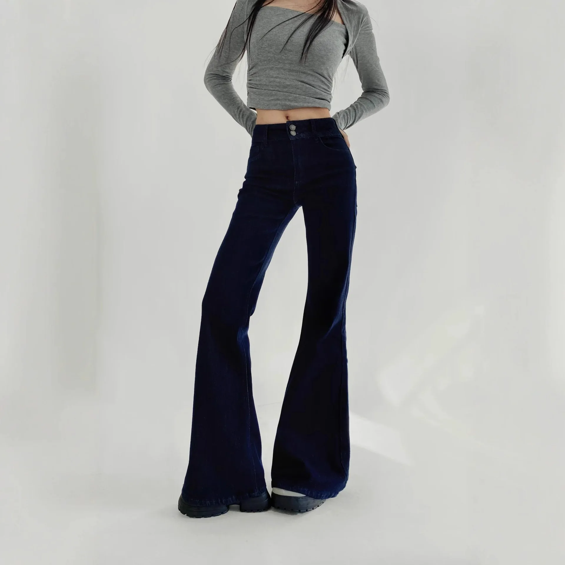 Casaul Fashion Style Stretch Micro Flare Jeans High Elastic Slim Fit Drapey Versatile Leg Bootcut Floor-Length Pants UNJY