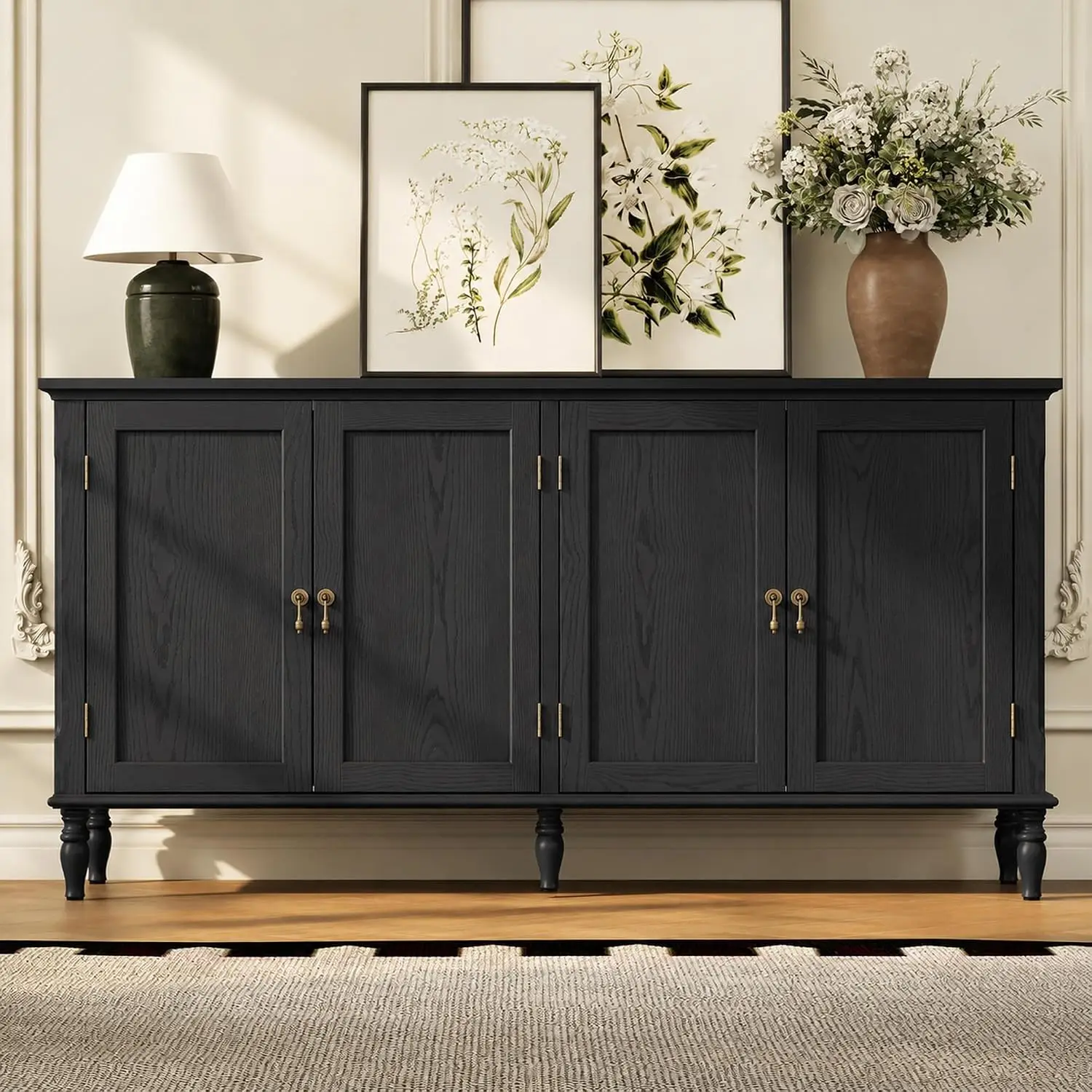 Vintage Buffet Cabinet with Storage Solid Wood Veneer 58 Inch, Customized