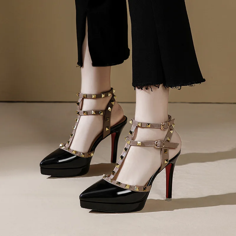 مثير برشام عالية الكعب 2025 جديد براءات الاختراع والجلود أشار تو المرأة الصنادل 10 سنتيمتر خنجر منصة أحذية الحفلات الراقصة حجم 32 33 #4