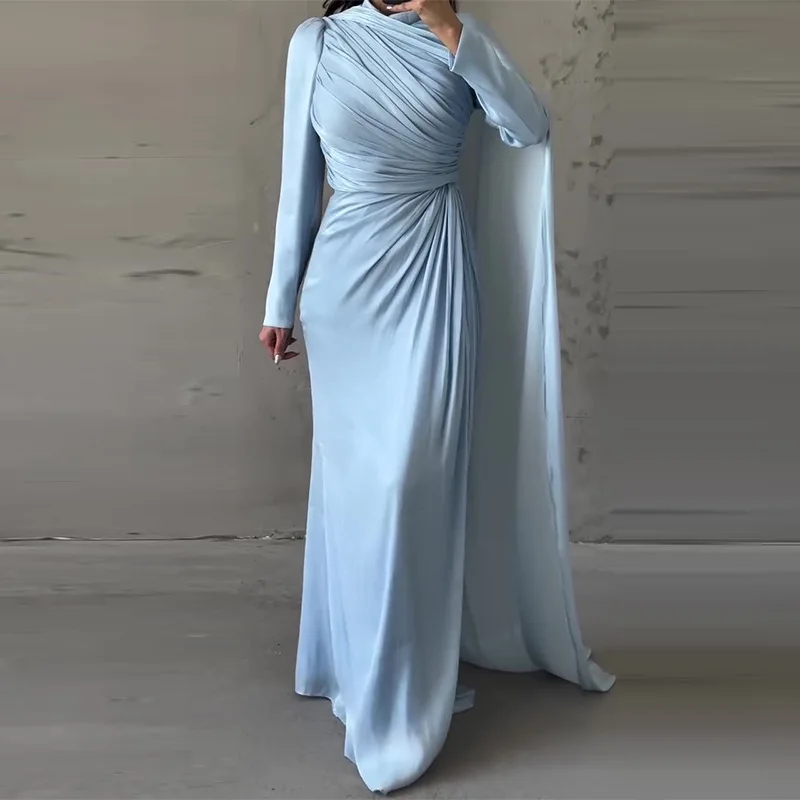 여성 패션 하이웨이스트 드레이프 롱 드레스 캐주얼 언밸런스 솔리드 컬러 슬림 가운 드레스 우아한 O넥 긴팔 가을 드레스