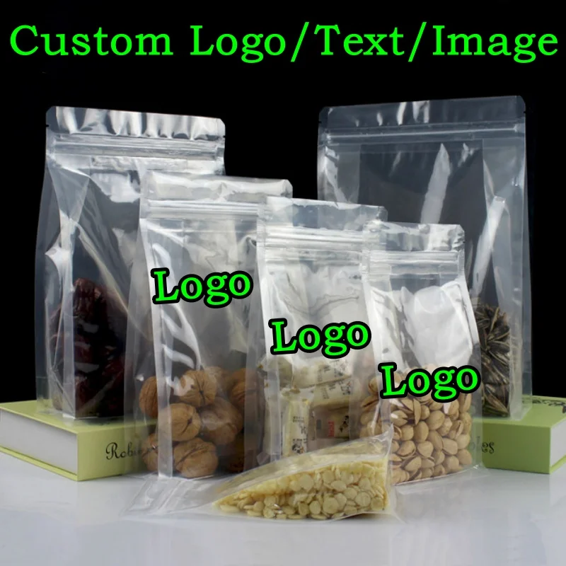 50PCS 3D Stand-up Plastic Ziplock Clear Window Bag DIY Logo Coffee Beans Sugar Snack Biscuit Nuts Beans Gifts Packaging Pouches