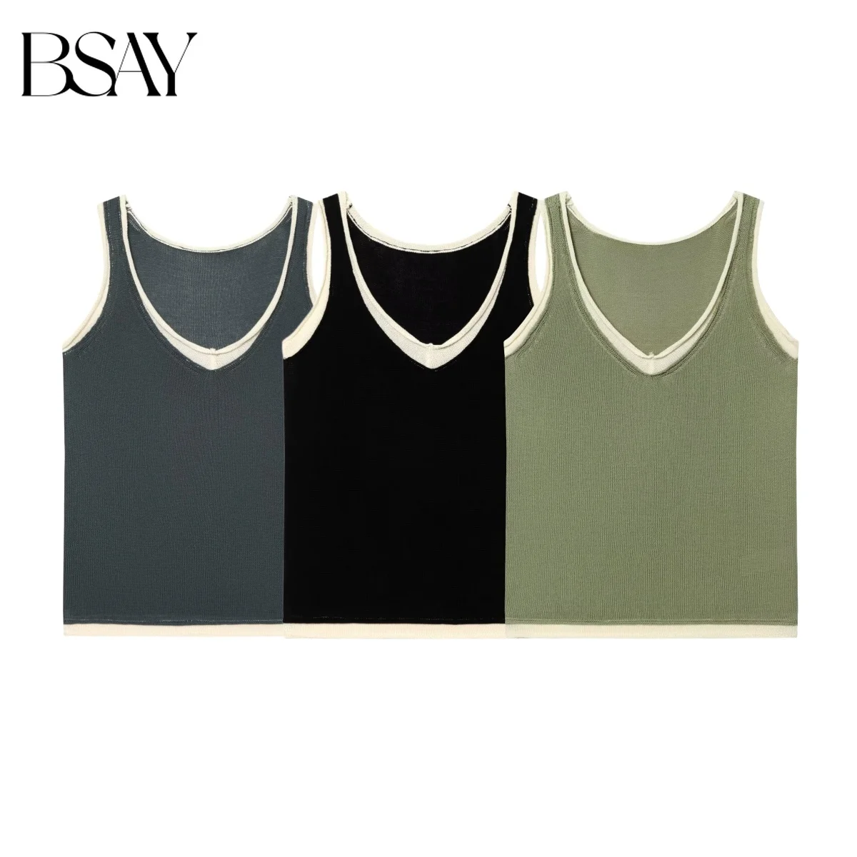 BSAY 2026 New Fashion Minimalist Contrast Binding V Neck Knit Tank Tops Women Sleeveless Slim Fit Layering Camisole For Summer