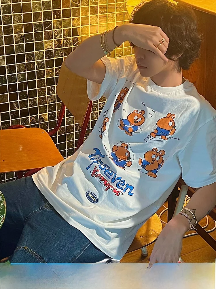 TIPSEVEN Original Design Cute Kung Fu Bear Print round Neck Short Sleeve T-Shirt Cotton Casual Loose Fit Spring Summer T-Shirt