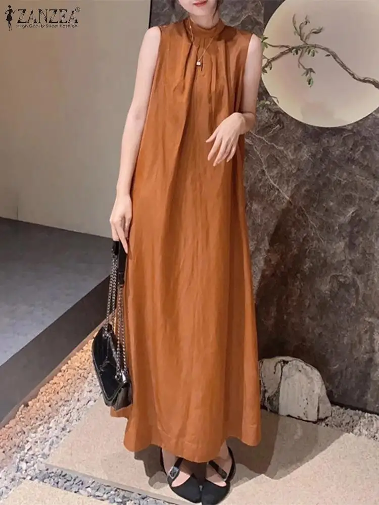 

ZANZEA Elegant Stand Collar Tank Long Dress Women Korean Pleated Vestidos 2024 Summer Sleeveless Sundress Holiday Beach Dresses