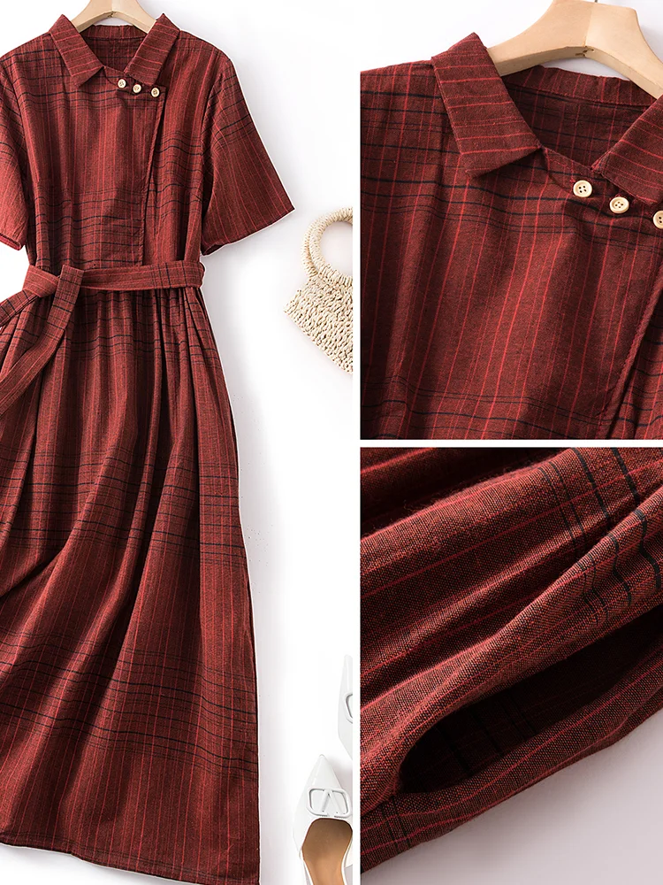 레트로 일본 브랜드 코튼 린넨 오트 스웨트 드레스 허리 조임 A라인 드레스 스트라이프 패턴 출퇴근용 슬레 하이웨이스트