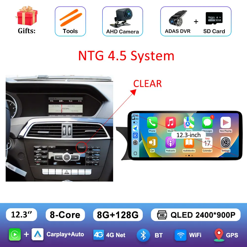 Carplay QLED Ultra-thin Screen Car Multimedia Radio Player for BENZ C CALSS W204 2011 - 2014 Navi GPS BT Android 16 Accessories image 3