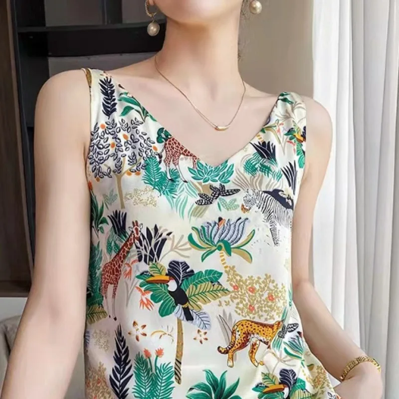 2024 Summer New Camisole Women\'s Fashion Korean Printed V-neck Sleeveless All-match Pullover Natural Scenery Slim Chiffon Tanks