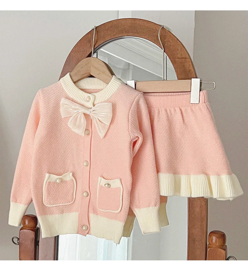 Girls Clothes for Kids 2 Pieces Sets Cardigan Sweater Skirt Sweet Cute O-neck Single Breaested Princess Solid Color Bowknot