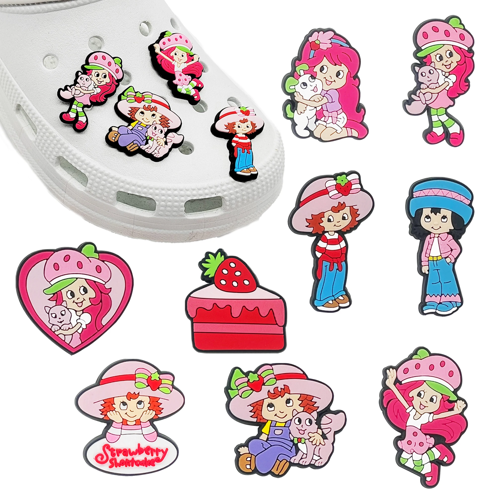 9pcs Cute Strawberry Girl Series PVC Shoe Accessories Fit Wristbands Hole Slipper Decoration DIY Detachable Fashion Gifts