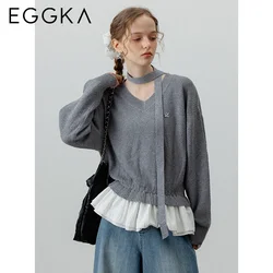 EGGKA jesienny szary sweter z dekoltem w serek damski luźny pulower dzianina koronkowy patchworkowy wzór bluzki z dzianiny koreańska moda koszule z dzianiny