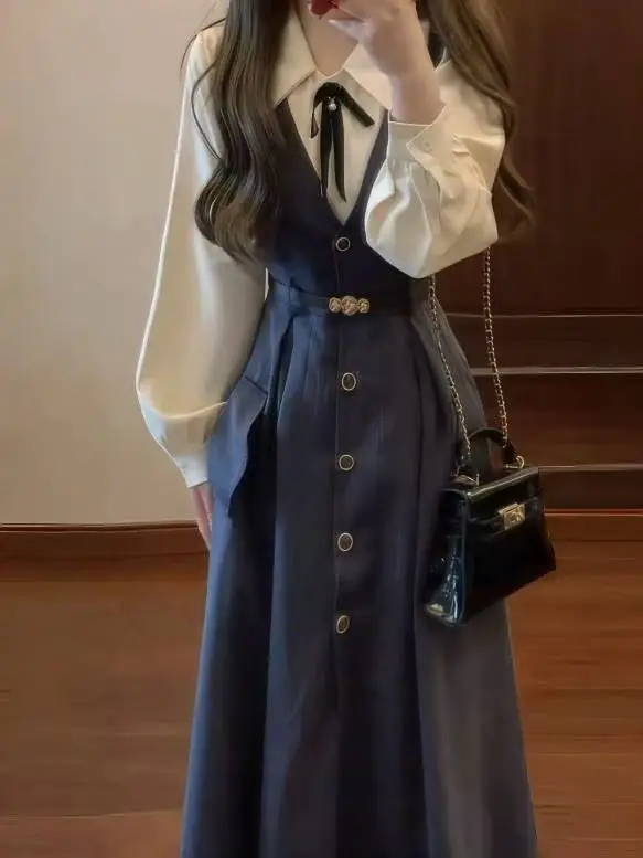 

French Retro Vest Dress with Temperament Waistband Long Sleeves Slimming Shirt Elegant and Versatile Two-piece Set