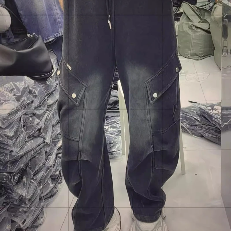 2025 Nuevos pantalones cargo de estilo americano para mujer, pantalones largos informales sueltos de pierna ancha negros para primavera y otoño