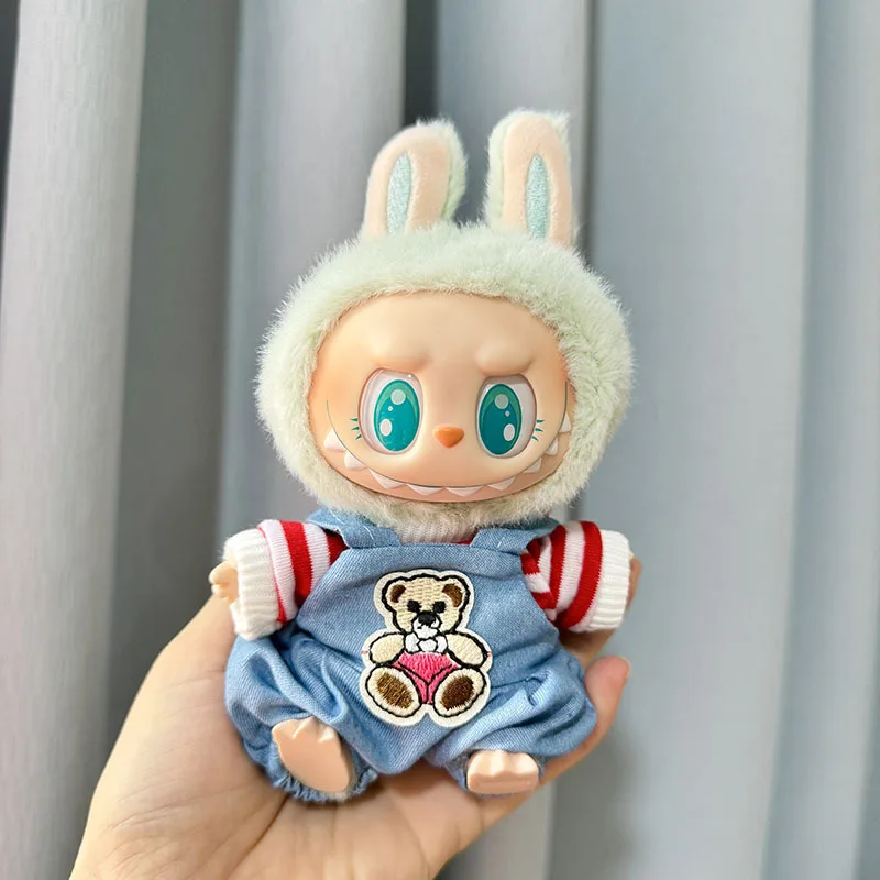 17cm Plush Doll's Clothes The Monster Labubu Outfit Accessories Clothing DIY Kids Gift Bear Overalls Red Striped T-shirt YE26N