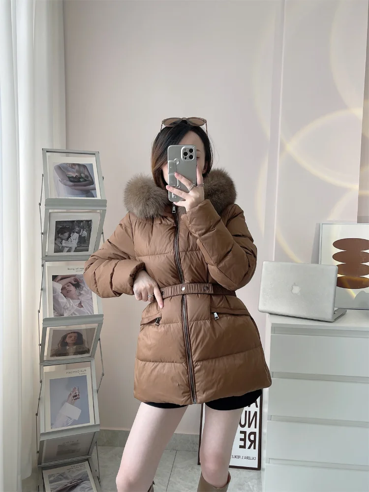 Women\'s Hooded Down Jacket with Fox Fur Collar, Casual Parka, Warm Coat, Thick, 90 Duck Down, Waisted, Fashion, Winter