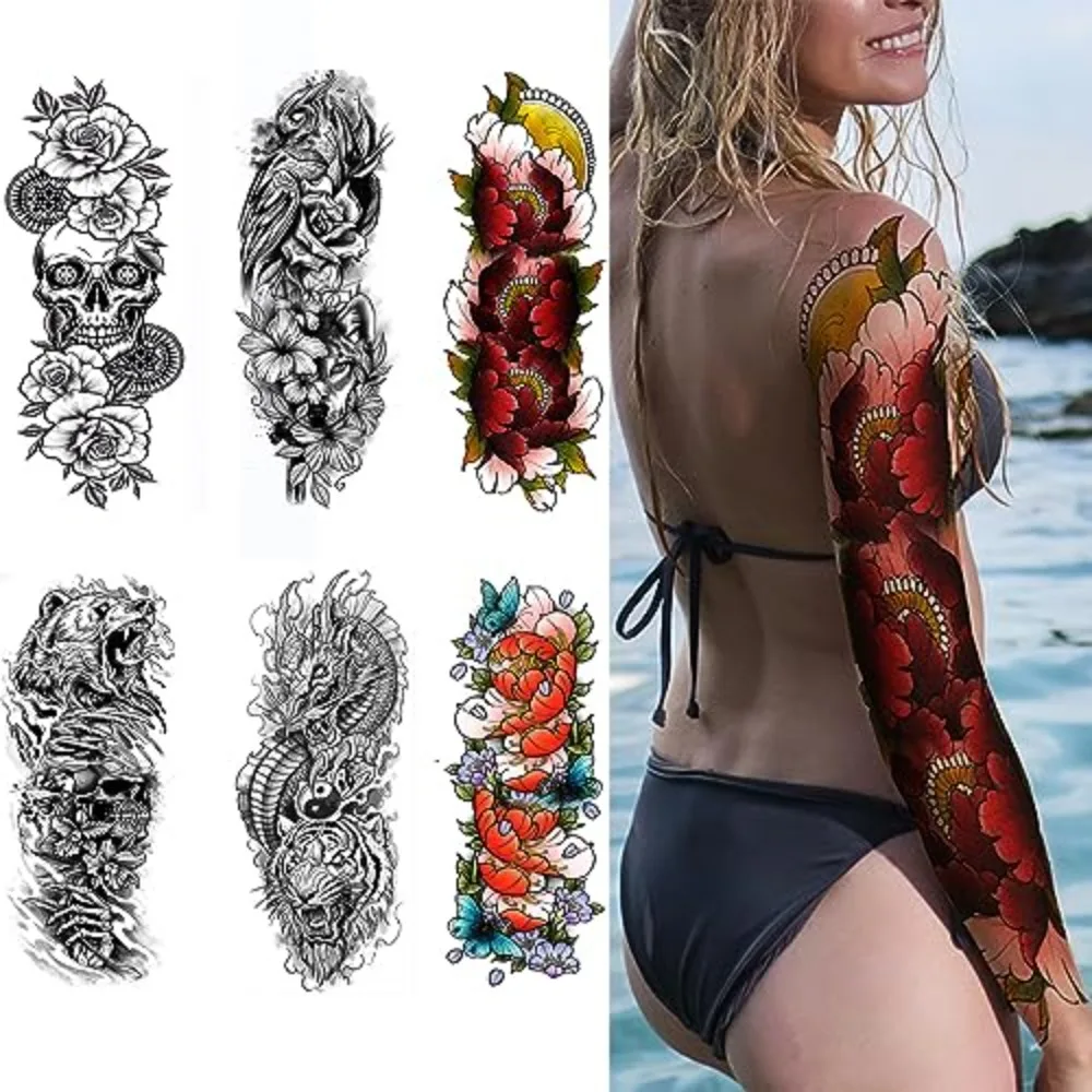 

6 Sheets of Stickers Large Tattoo Black Bear Skull Rose Owl Wolf Flower Fake Sleeve Tattoos For Adult Arm Forearm Shoulder