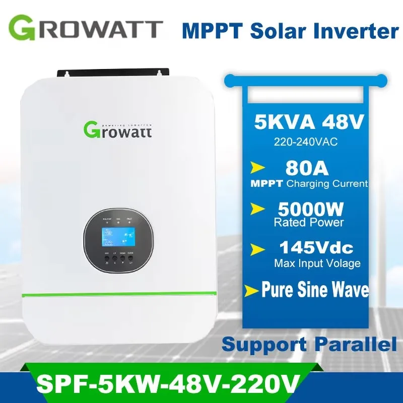 Growatt 5KW 5KVA 48V 220V SPF 5000TL HVM-P 5000W Max PV Input Voltage DC 145V MPPT 80A Solar Inverter