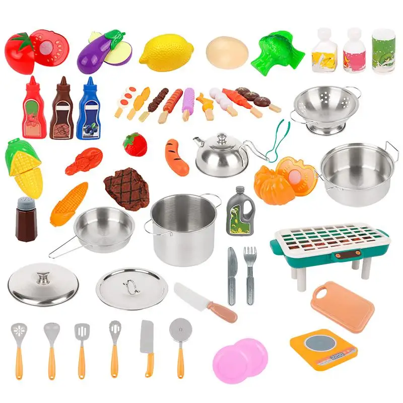 52Pcs Kitchen Toys Set Play Pretend Play Food Fruits Cooking Toys And Cutlery Set Kitchen Accessories With Pot Pans For Children