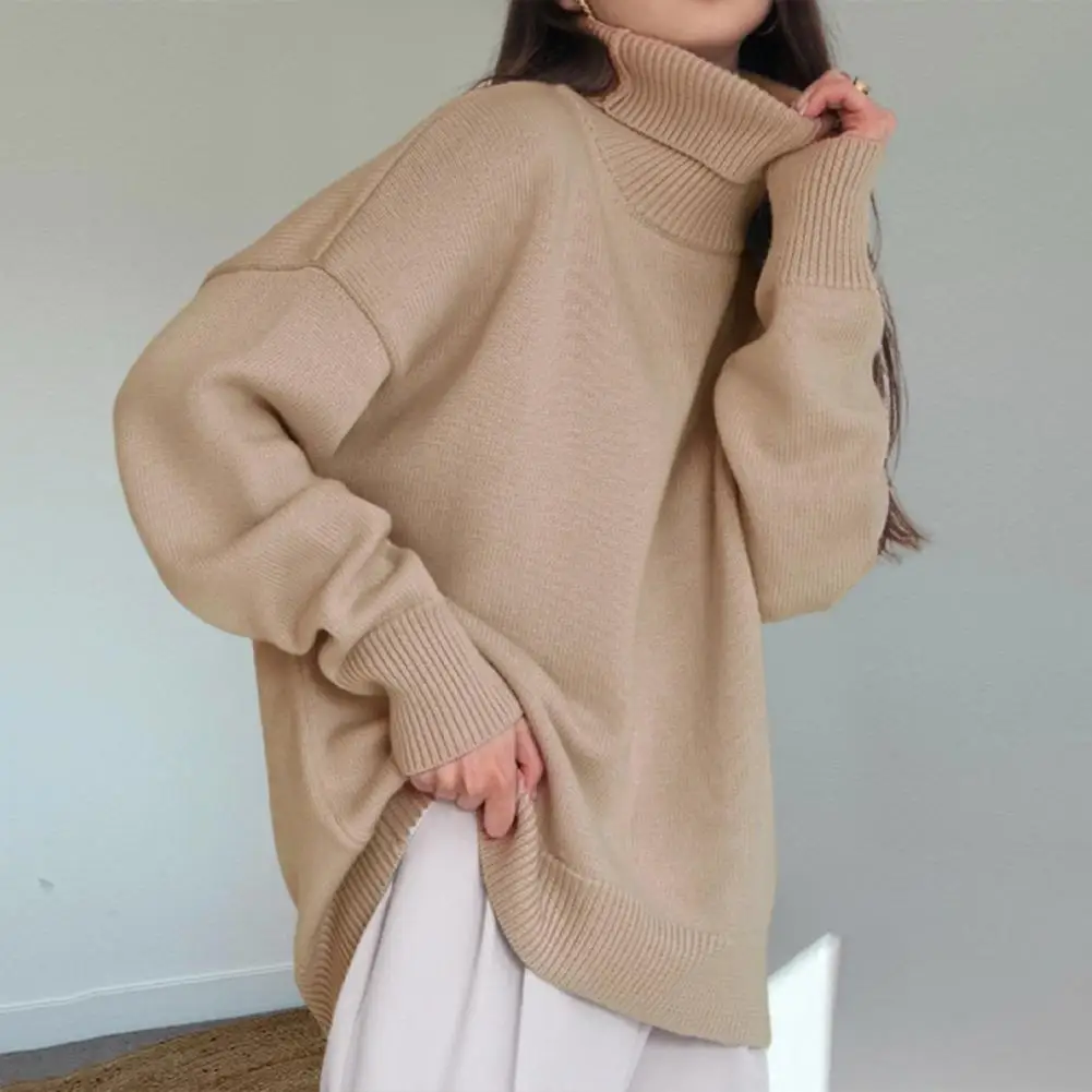 Women Sweater Stylish Women's High Collar Sweater with Ribbed Trim Loose Fit Pullover Top Solid Color Mid-length Knitwear for A