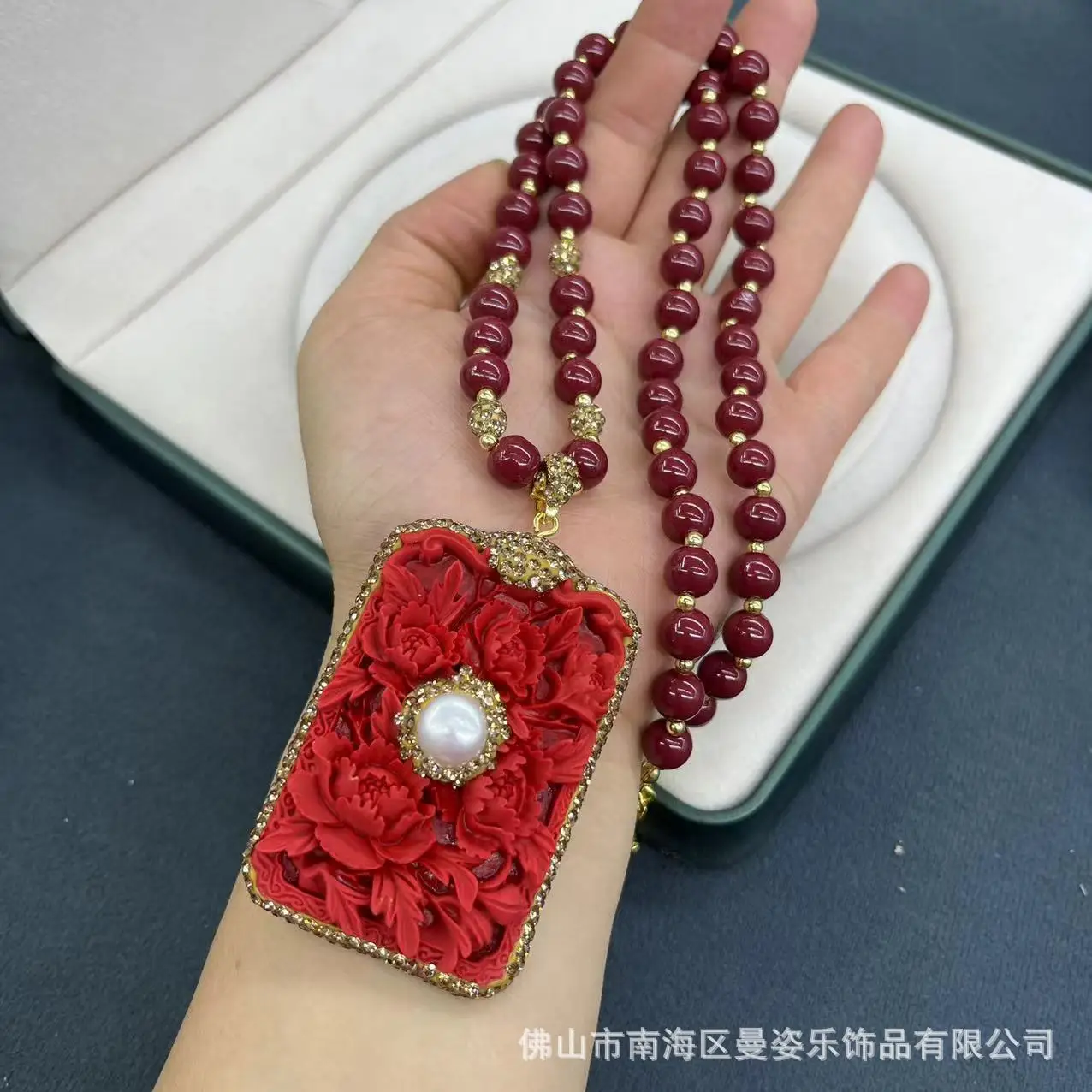 DIY accessories New necklace imitation cinnabar sweater chain full of diamonds design inlaid with natural pearls national style