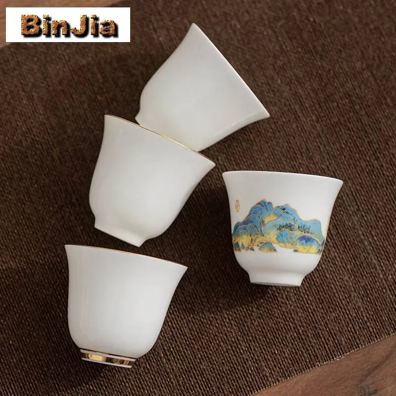 2pc/Lot Dehua White Porcelain Tea Cup Small Thin Body Sheep Fat Jade Painted Gold Smelling Fragrance Meditation Drinkware 60ml