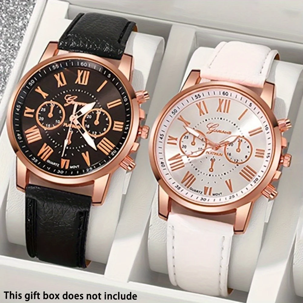 [Elegant Roman Quartz Watch] 2pcs Elegant Roman Quartz Women's Watches - Fashionable Round Dial with Strap, Perfect Gift Idea