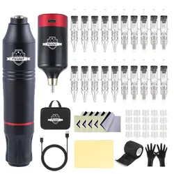 Kit de pluma de tatuaje rotativa inalámbrica, máquina de carga versátil con fuente de alimentación de batería de larga duración, agujas profesionales para artistas