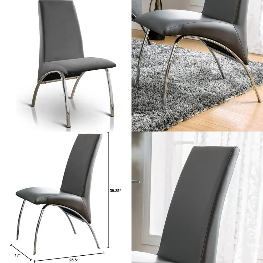 طقم كراسي طعام من الجلد الصناعي باللون الرمادي مكون من قطعتين، حديث ومريح، مثالي لغرف الطعام المعاصرة