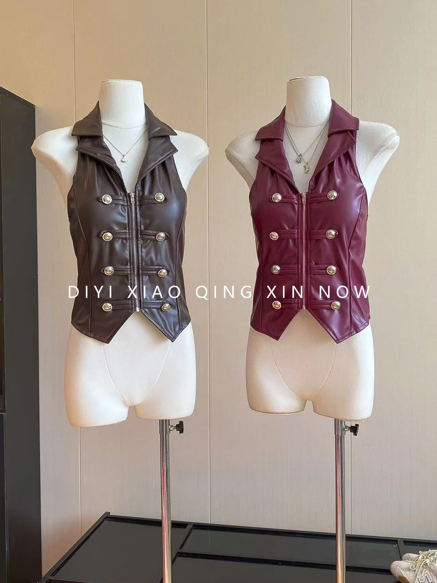 Y2K Motorcycle Style Zipper Leather Vest Women's Design Double Button Slimming Short Outerwear Top Fashionable Trendy