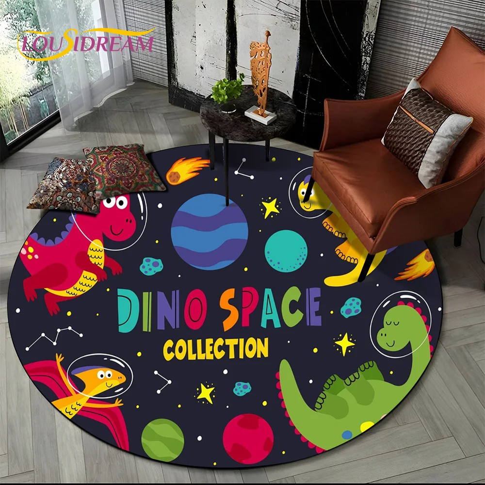 Cartoon Dino Cute Dinosaur Space Children Round Carpet Rug for Living Room Bedroom Chair Decor,Pet Area Rug Non-slip Floor Mat