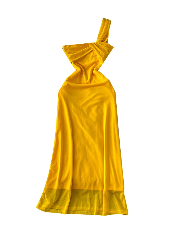 فستان أنيق بعقدة على الكتف الواحد للنساء، فستان صيفي أبيض وأصفر من الشبكة، خصر نحيل، فستان طويل على شكل A، ستايل كوري، خصر مر... #5